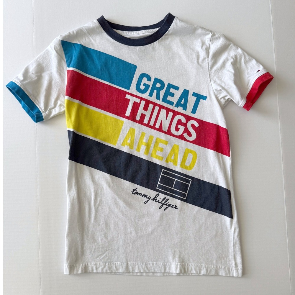 Tommy Hilfiger White Graphic Tee Boys Size M 12/14 Great Things Ahead Ringer